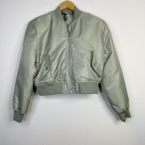 H&M Divided Short Insulated Bomber Jacket Padded Shoulders Green Womens S New - Picture 1 of 17